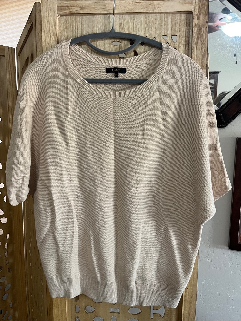 Quince Neutral Beige Short-Sleeve Crewneck batwing Sweater